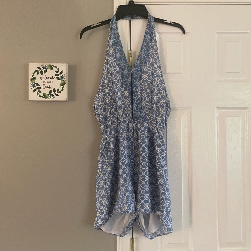 Paper Crane Halter Romper Floral Diamond Abstract Print Pattern Small White Blue